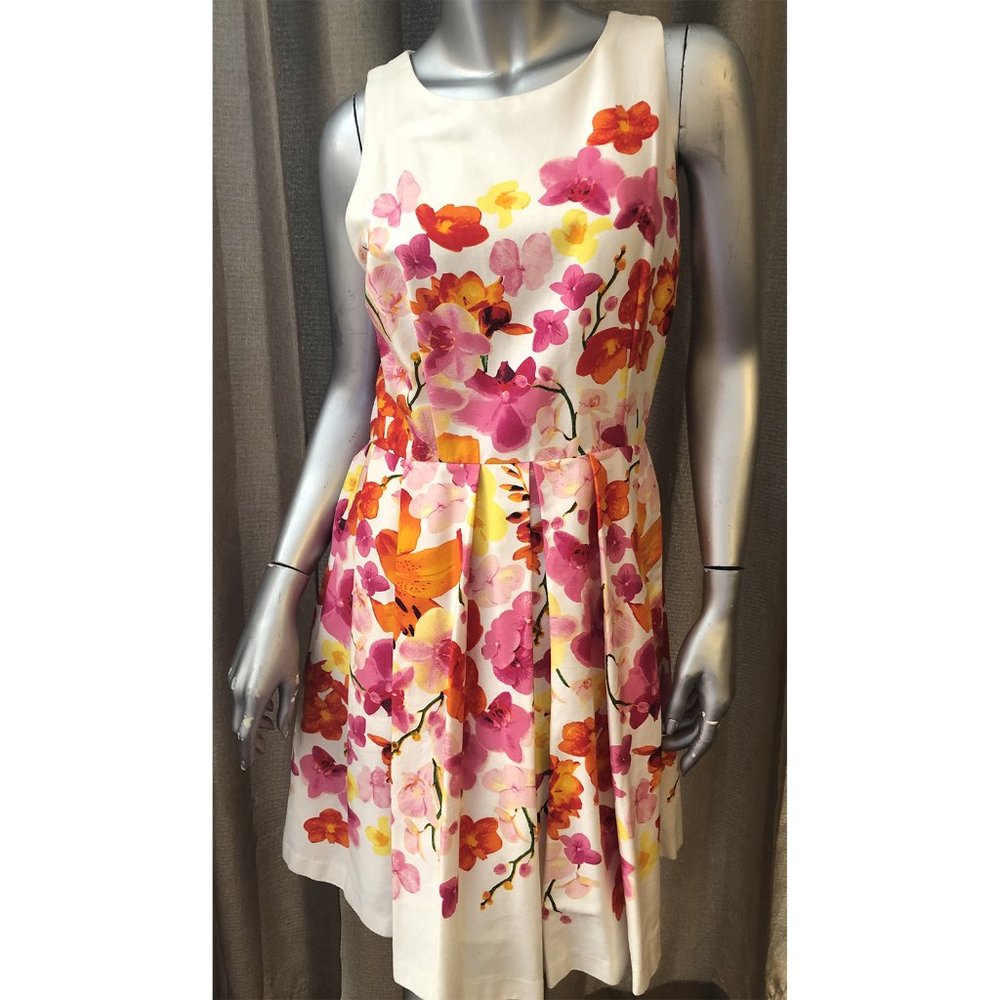 Eliza J Sleeveless Sun Dress Size 10 Floral Beige White Pink Orange Gold + Belt!